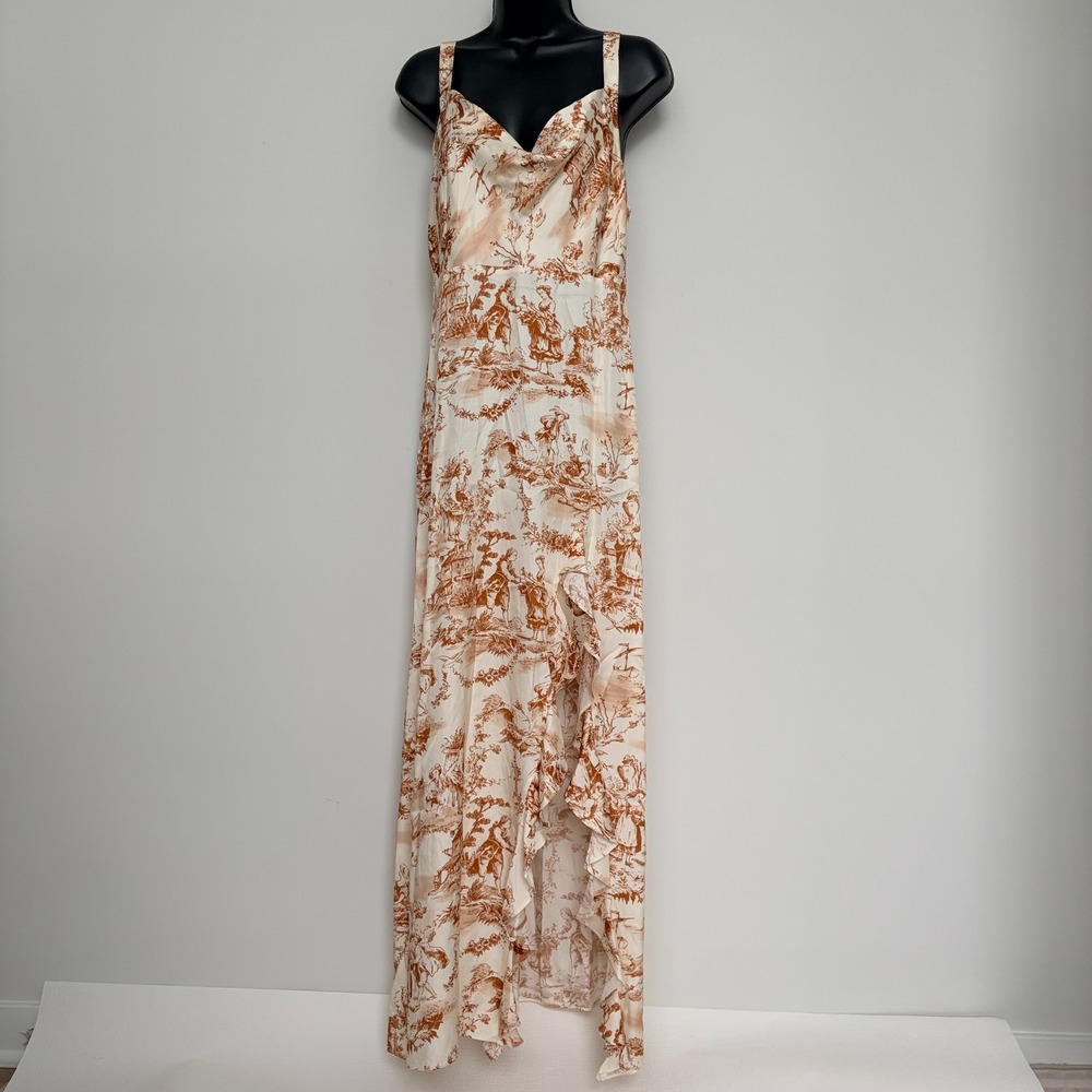 Kitri Toile de Jouy Cowl Neck Ruffle Maxi Dress Rust Cream US 6 UK 10